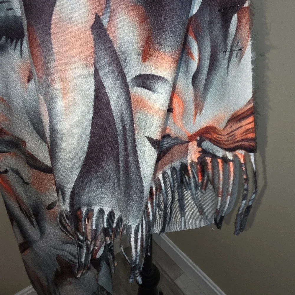 Enrico Coveri Vintage Abstract Scarf Gray Rust Fringe Italian Designer‎ 90s